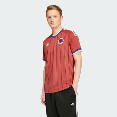 Scotland away kit for FIFA World Cup 2026 — scarlet red with navy pinstripes Adidas shirt